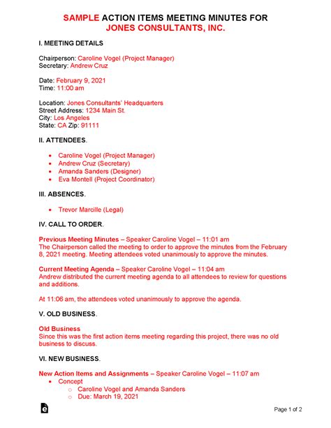Free Action Items Meeting Minutes Template Sample Pdf Word Eforms