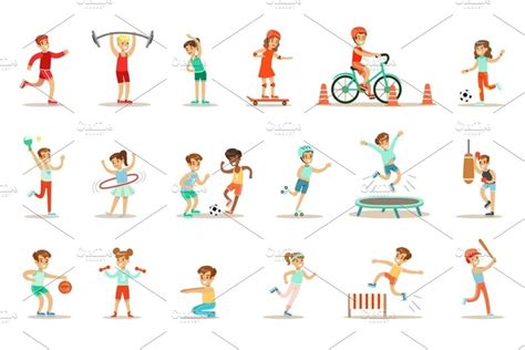 Kids Practicing Different Sports And Physical Activities In Physical