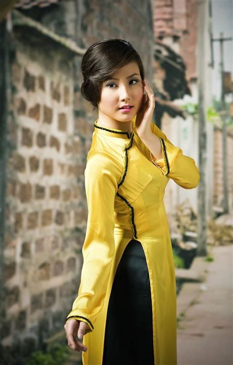 Vietnam Traditional Costume Ao Dai Yellow Silk Dress Black Satin Pant Hienthao Aodai