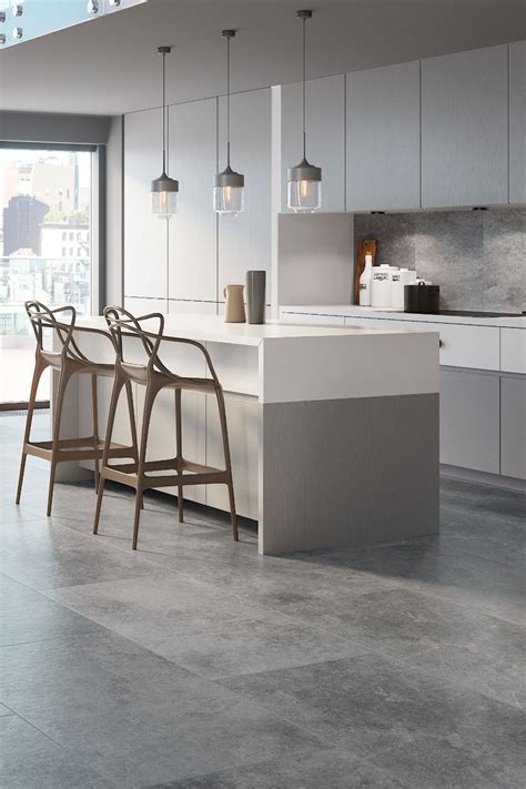 Stone Effect Floor Tiles In Silver Grey Modern Kitchen Tile Floor