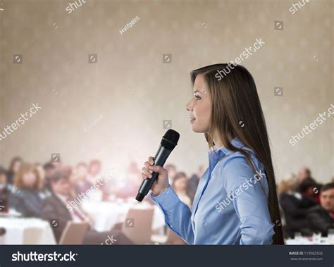 Beautiful Business Woman Speaking On Conference Stock Photo 119582503
