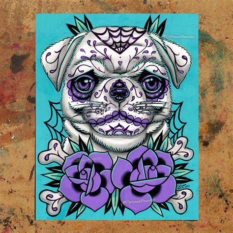 Art Print Sugar Skull Pug Poster Day Of The Dead Sugar Etsy