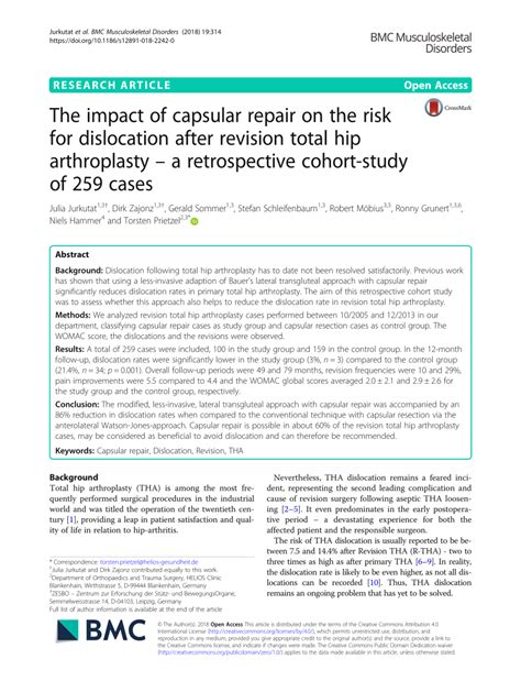 Pdf The Impact Of Capsular Repair On The Risk For Dislocation After