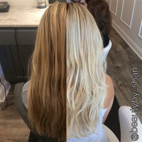 before and after dark brassy blonde to platinum blonde rooty balayage blonde beautyby shan