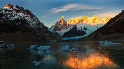 Sunrise Mountain Lake Glaciers Snow Frost Ice Nature Landscape Argentina Wallpapers Hd