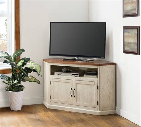Rustic Wooden Corner Tv Stand With 2 Door Cabinet Antique White And