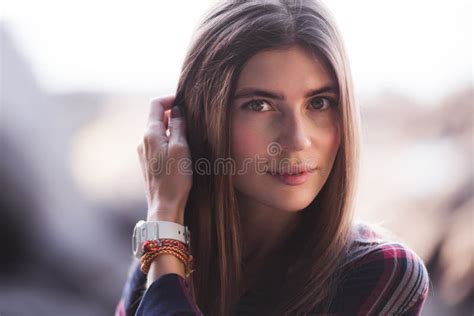 Close Up Portrait Of A Beautiful Hipster Girl At Sunset Stock Photo