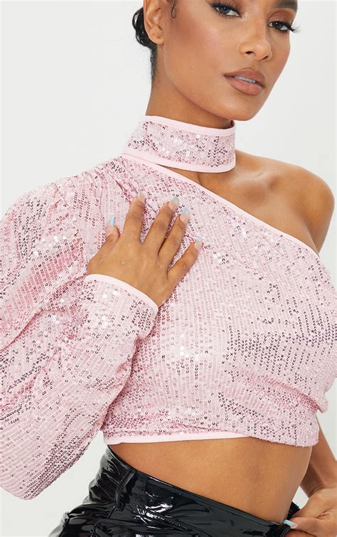 pink sequin one shoulder long sleeve crop top prettylittlething ksa
