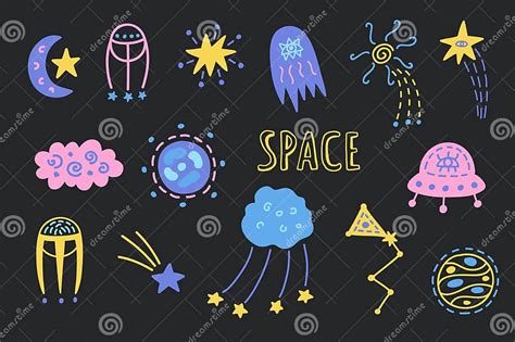 Outer Space Cute Cosmic Hand Drawn Doodles Set Stock Vector