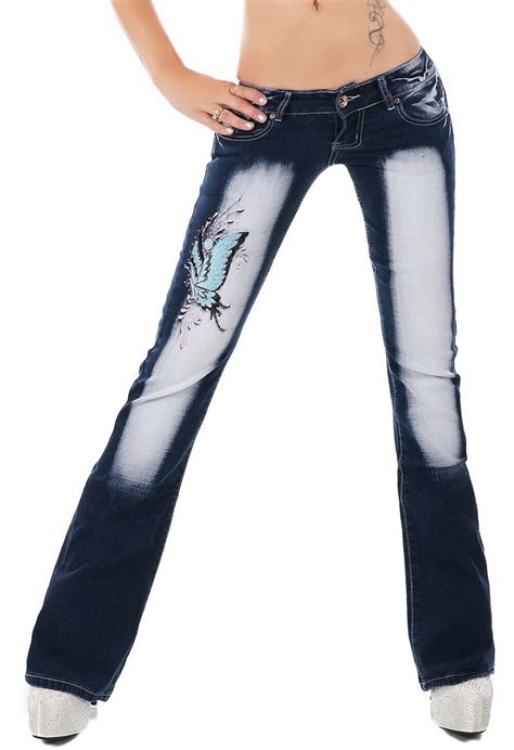 Crazy Age Womens Blue Butterfly Embroidered Bootcut Jeans Smlxl