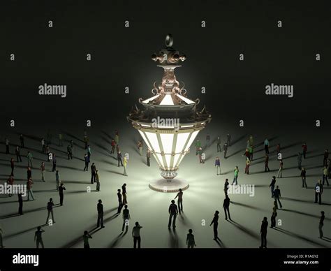A Group Of Tiny People Walking Towards A Vintage Light Bulb 3d Render