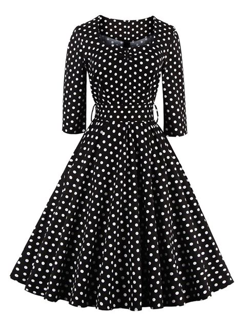 Retro Sweetheart Neck Polka Dot Printed Flare Dress BLACK M Vintage