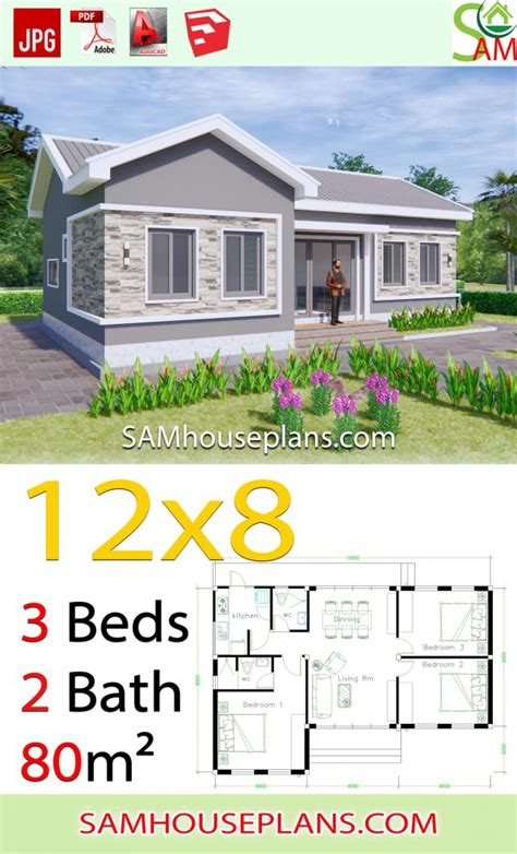 Three bedroom 3d house plan. House Plans 12x8 with 3 Bedrooms Gable roof - Sam House Plans