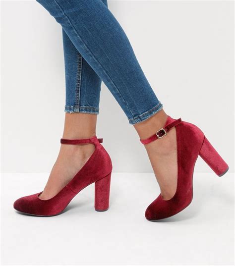 Dark Red Velvet Ankle Strap Block Heels New Look Heels Ankle Strap