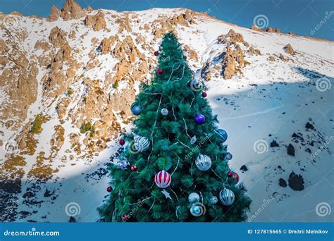 Christmas Tree In Mountain Snow Forest Christmas Tree Decorated With