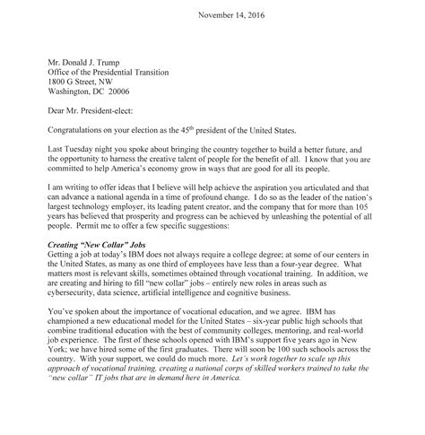 President, how to write a letter to the president of the united states of america | synonym. IBM CEO Rometty in letter to Trump: Help secure 'new collar' IT jobs