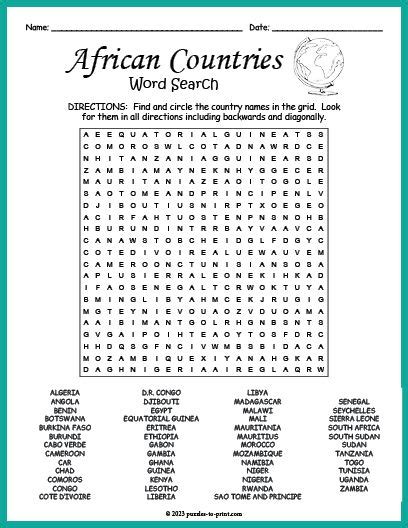 Free Printable African Countries Word Search Word Find African
