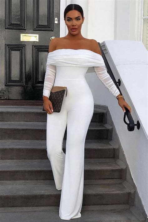 white ruched mesh bardot jumpsuit in 2020 jumpsuit elegant white outfits for women casual