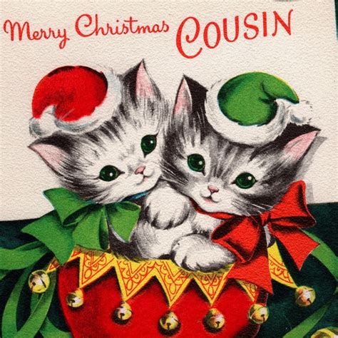 Vintage Christmas Card Adorable Kitty Cats In Hats Flocked Stocking 50s