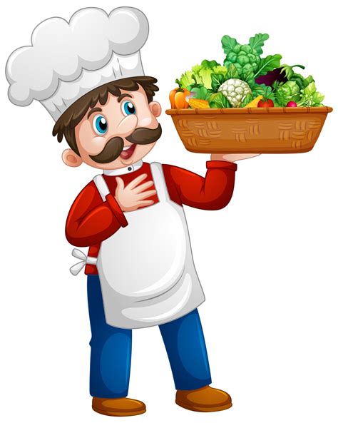 Chef Man Holding Vegetable Bucket Cartoon Character Isolated On White