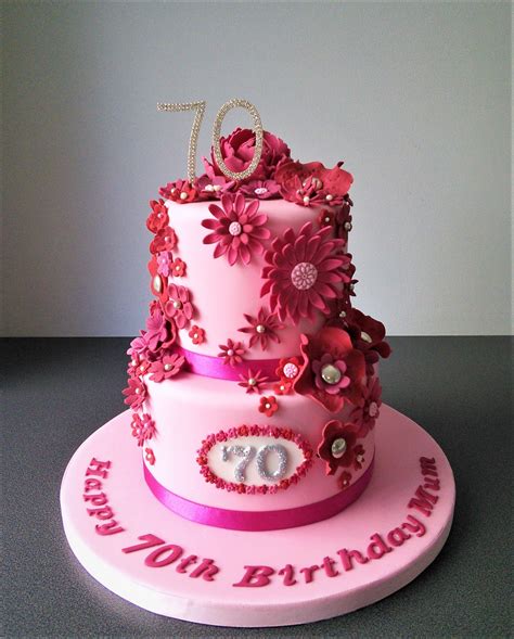 Pink Flowery Two Tier 70th Birthday Cake Birthday Cakes For Women