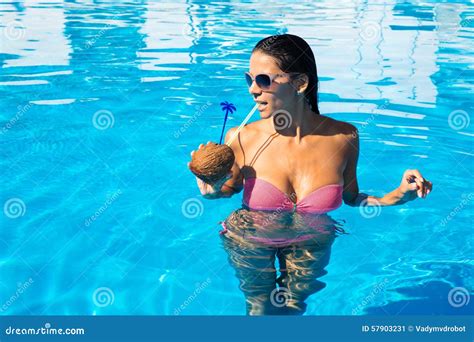 Woman Drinking Cocktail In Swim Pool Stock Image Image Of Fruit Outdoors 57903231