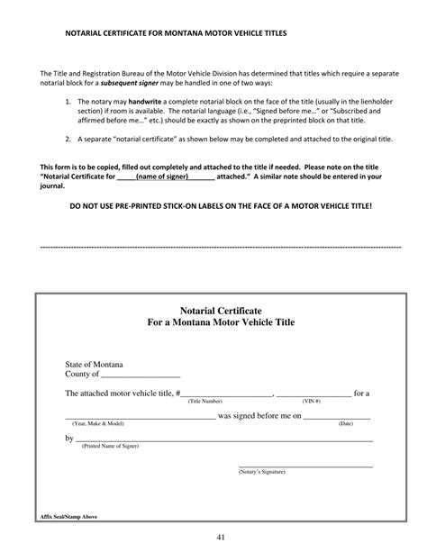 Montana Notarial Certificate For A Montana Motor Vehicle Title Fill
