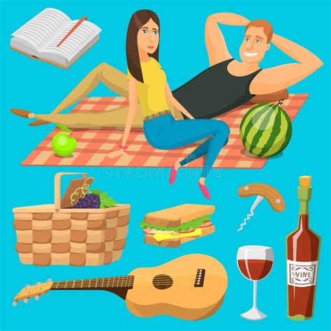 Adult Couple On Picnic Plaid Barbecue Outdoor Icons Romantic Summer