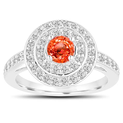 Orange Sapphire Engagement Ring 14k White Gold Double Halo 119 Carat