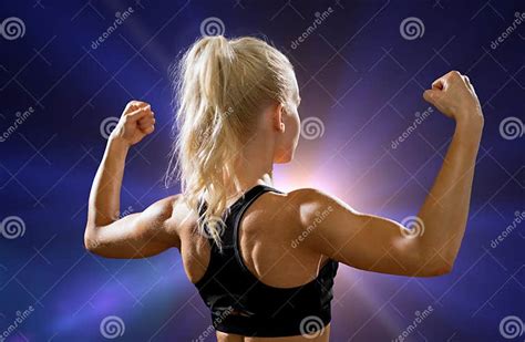 Sporty Woman From The Back Flexing Her Biceps Stock Image Image Of
