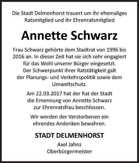 Traueranzeigen Von Annette Schwarz Noz Trauerportal