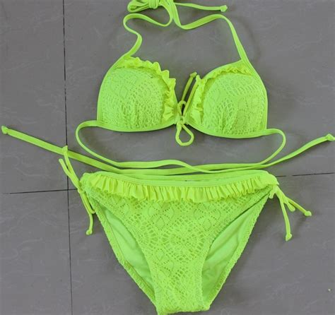 Yellow Bikinis Set Ruffles Bikini Lace Mesh Swimwear Womens Brazilian