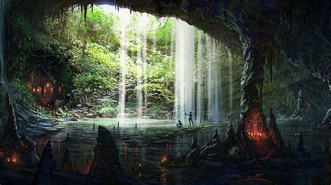 Hd Wallpaper Cave Fantasy Underground Waterfall Forest Tree