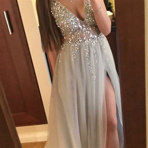 Sexy Deep V Neck Prom Dresses A Line Prom Dresses Long Grey Prom