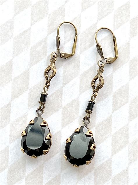 Vintage Black Crystal Art Nouveau Dangle Drop Earrings Etsy In 2021