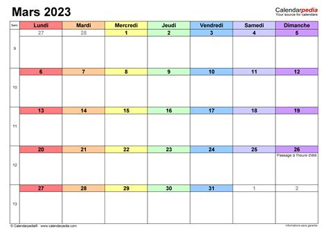 Calendrier Mars 2023 Excel Word Et Pdf Calendarpedia