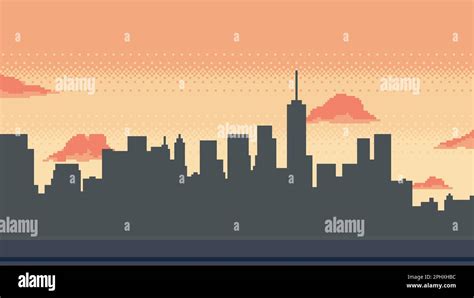 Pixel Art City Landscape At Sunset Morning Cityscape With Cloudy Sky
