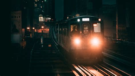 Download Wallpaper 2048x1152 Train Railway Night City Lights