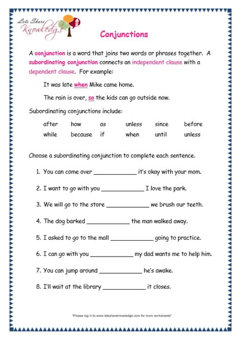 Grade Grammar Topic Conjunctions Worksheets Lets Share Knowledge