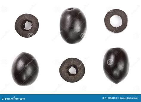 Whole And Sliced Black Olives Isolated On White Background Top View