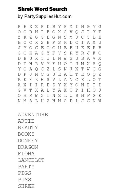 Shrek Word Search Puzzle Click Image And Print From Your Browser