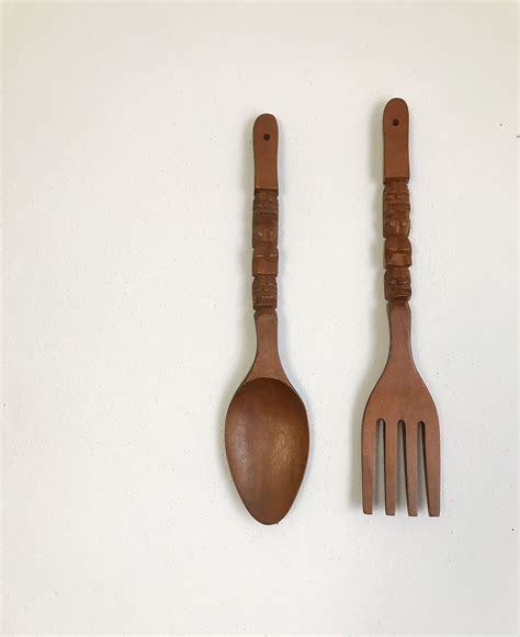 Vintage Handcarved Wooden Fork And Spoon Set Etsy Wooden Fork Hand