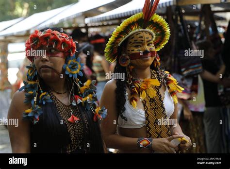 brazilian indigenous woman of pataxó ethnic group celebrate international day of indigenous