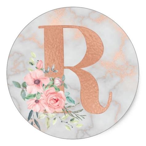 Rose Gold Marble Pink Flowers Monogram Letter R Classic Round Sticker