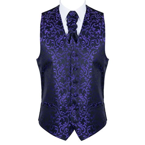 Uk Mens Purple On Black Wedding Waistcoat Swirl Leaf 6 Button Jacquard
