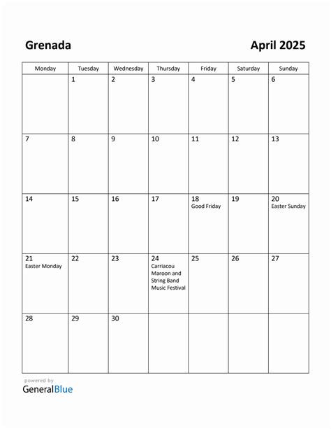 Free Printable April 2025 Calendar For Grenada