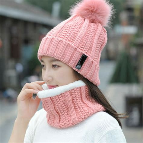 Focusnorm 2pcs Scarf Hat Set Women Winter Warm Solid Pompoms Knitted Soft Caps And Scarves
