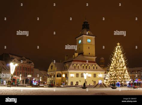 Brasov Romania Christmas Market In Main Square With Xmas Tree And