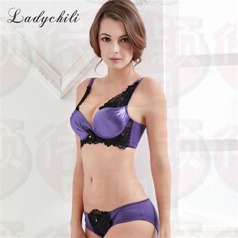 ladychili women intimates bra set sexy purple satin bra set lace lingerie set super foam pad