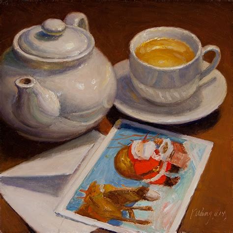 Tea Teapot And Postcard Oil Painting Original Still Life Contemporary